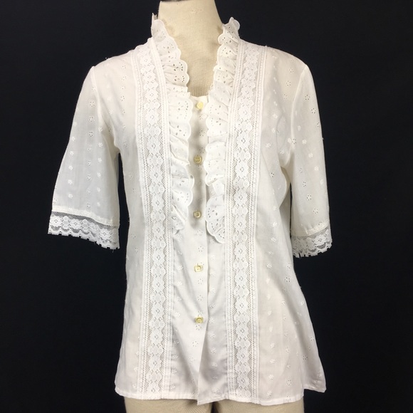 Vintage White Eyelet Blouse with Lace Trim - Picture 1 of 7